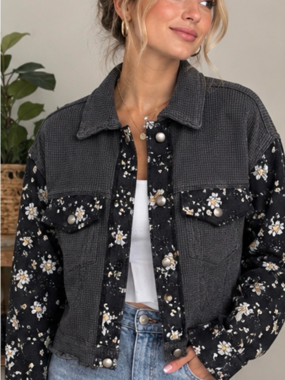 POL Black Floral Print Jacket Button Front Utility Small NWOT